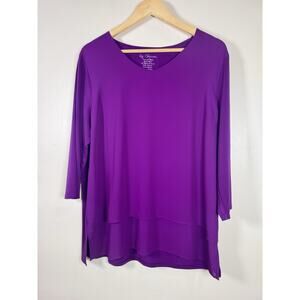 Chicos Womens Blouse Liquid Knit Tiered 3/4 Sleeve Purple Lagenlook Coastal L